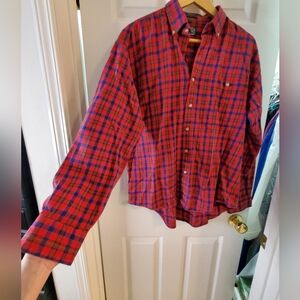 Vintage Izod Men's L Red Plaid Flannel Button Up Shirt Quality 100CTN Yarn Dye
